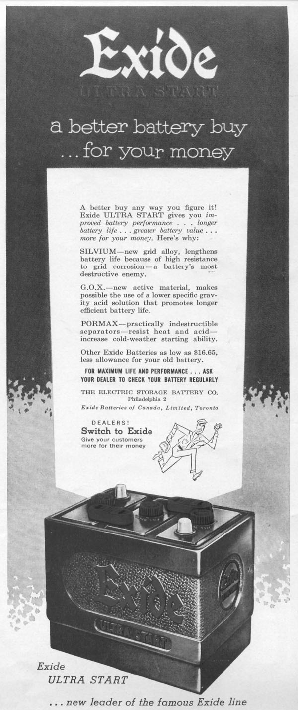 EXIDE ULTRA START AUTOMOBILE BATTERY
LIFE
10/13/1952
p. 115