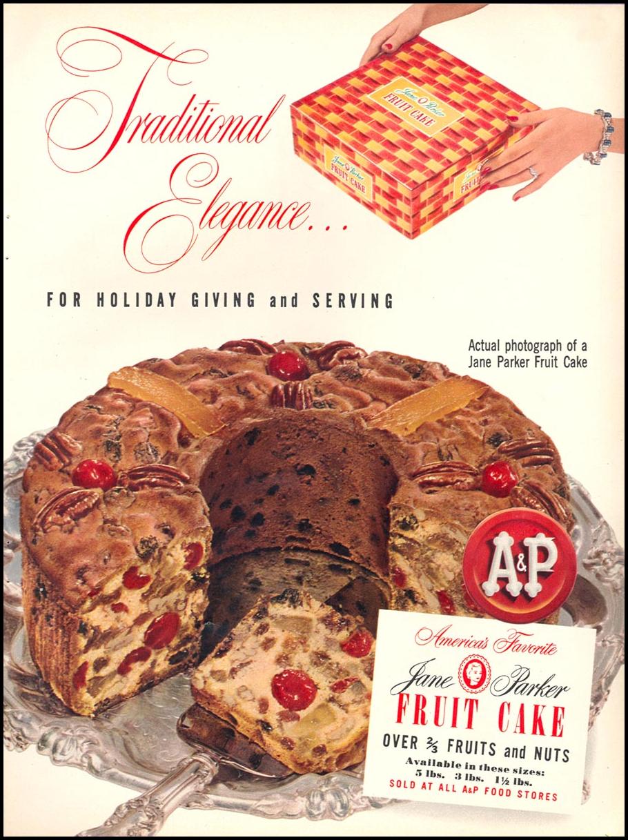 A & P JANE PARKER FRUIT CAKE
WOMAN'S DAY
12/01/1954
p. 83