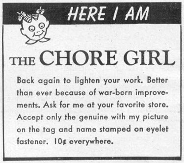 CHORE GIRL KNITTED COPPER POT CLEANER
WOMAN'S DAY
06/01/1946
p. 80