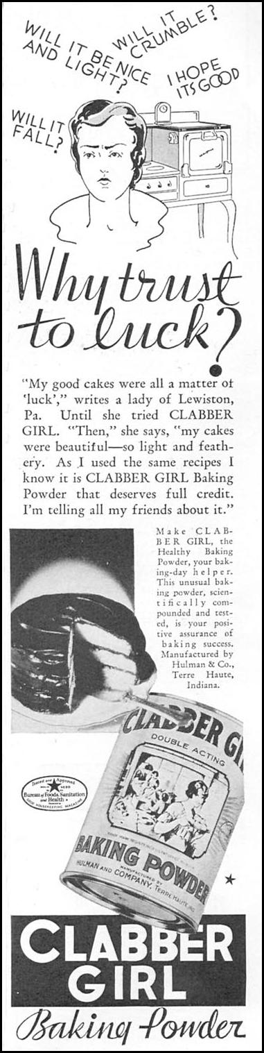 CLABBER GIRL BAKING POWDER
GOOD HOUSEKEEPING
12/01/1934
p. 145