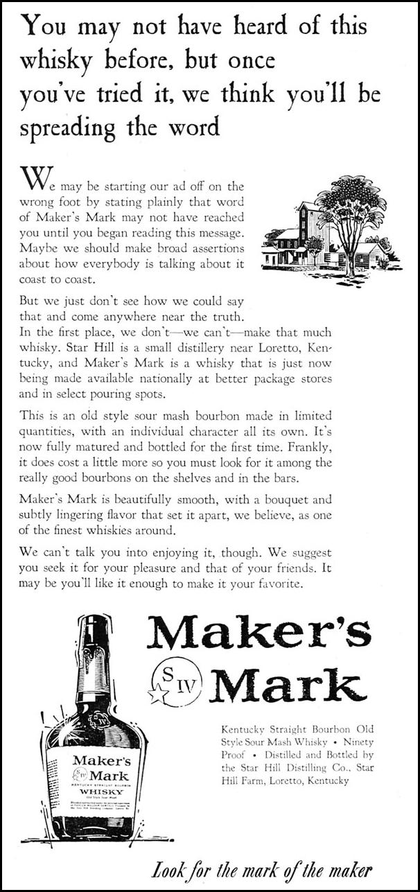 MAKER'S MARK KENTUCK STRAIGHT BOURBON WHISKY
SPORTS ILLUSTRATED
05/25/1959
p. 86