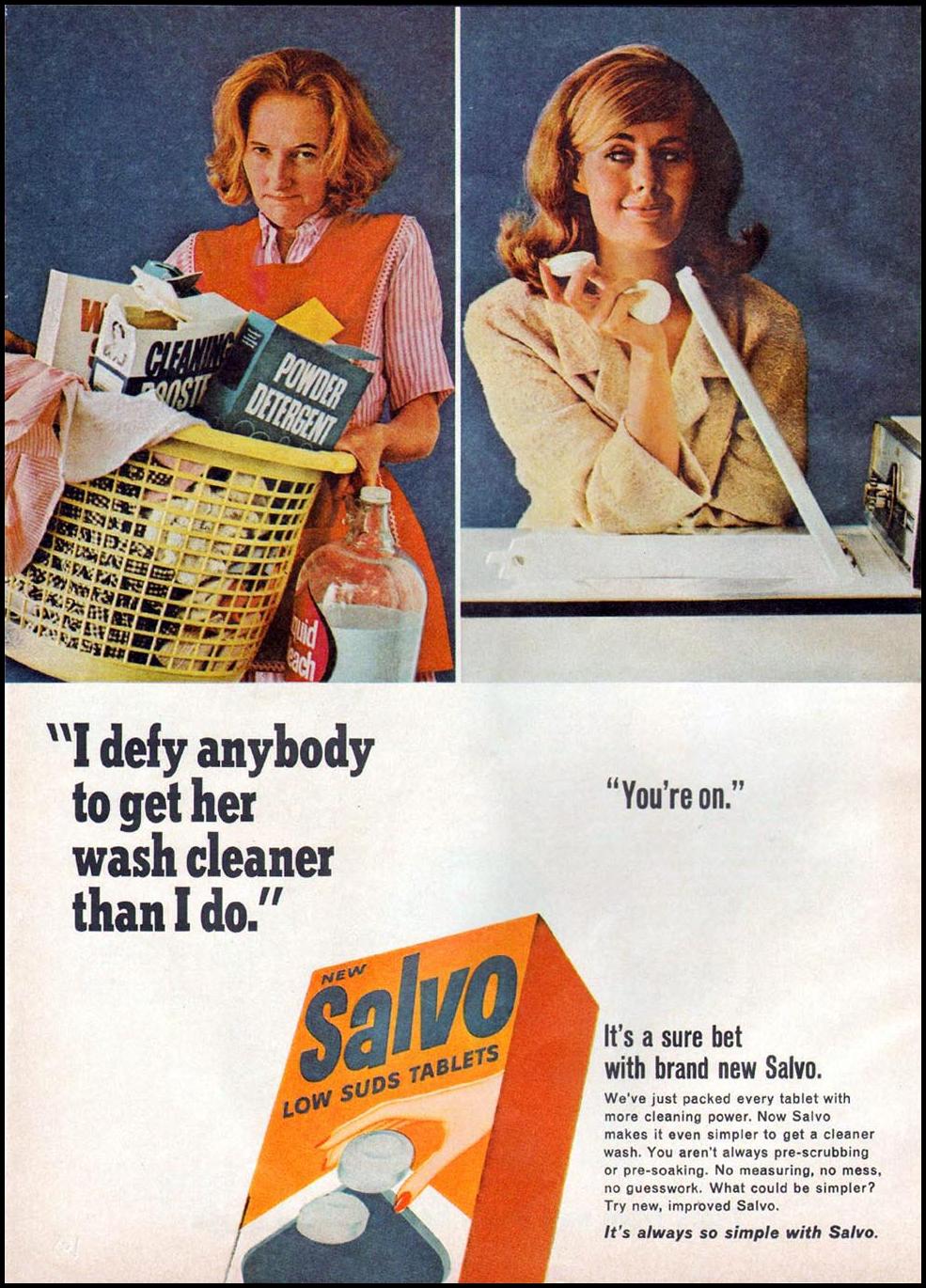SALVO LOW SUDS DETERGENT TABLETS
GOOD HOUSEKEEPING
10/01/1965
p. 166