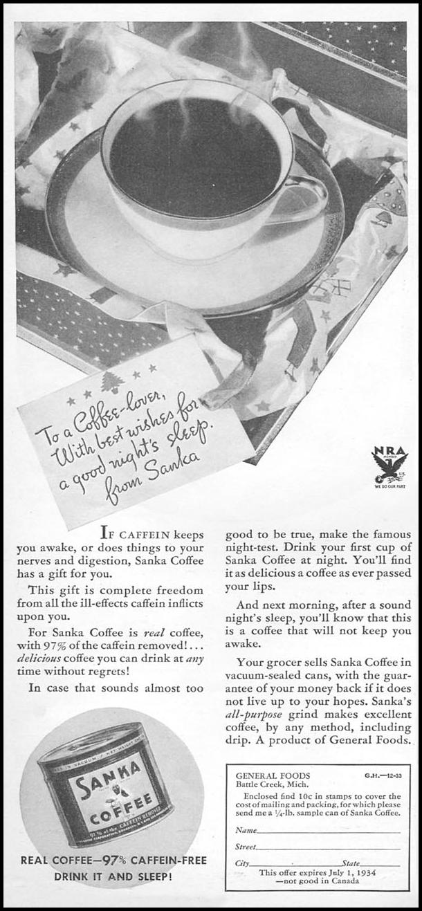 SANKA COFFEE
GOOD HOUSEKEEPING
12/01/1933
p. 100