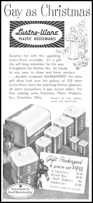 LUSTRO-WARE PLASTIC HOUSEWARES
WOMAN'S DAY
12/01/1954
p. 118