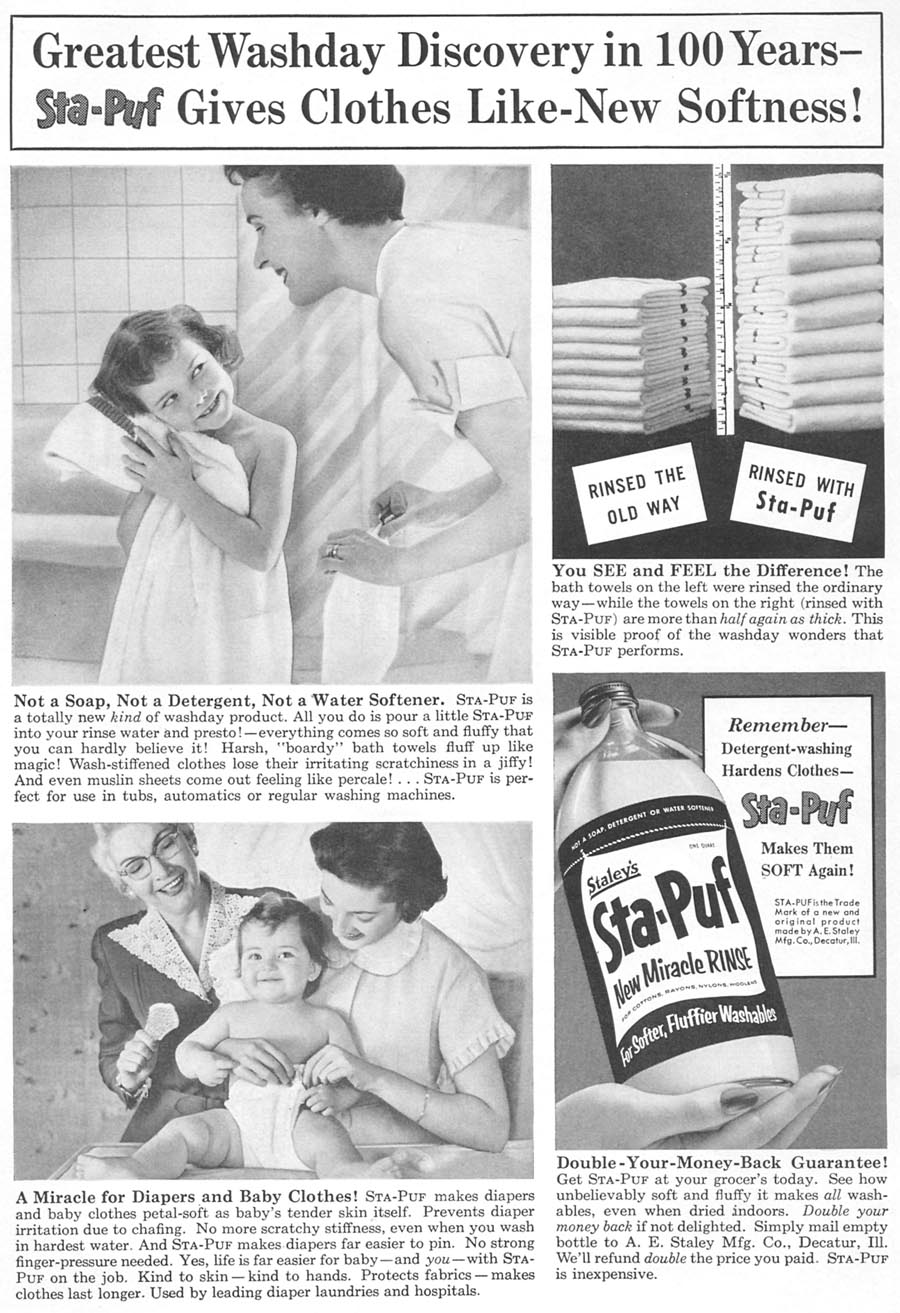 STA-PUF FABRIC SOFTENER
WOMAN'S DAY
09/01/1955
p. 139
